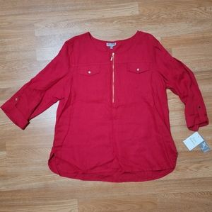Petite XL JM Collection Red Tunic with Gold Buttons and Zipper 100% Linen